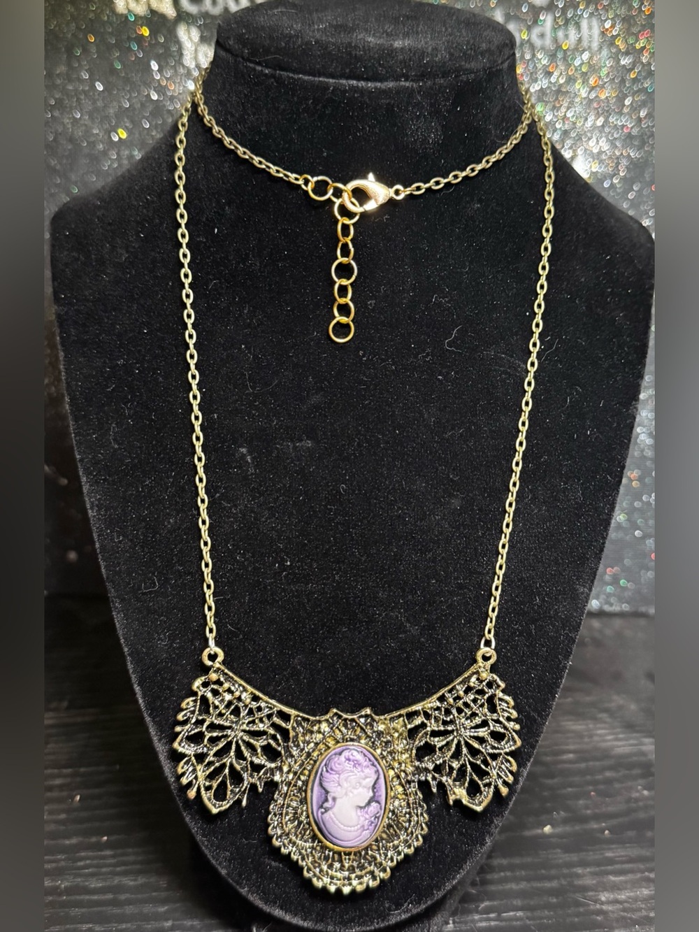 Hand Crafted Gold-Tone Filigree Necklace with Lavender Cameo